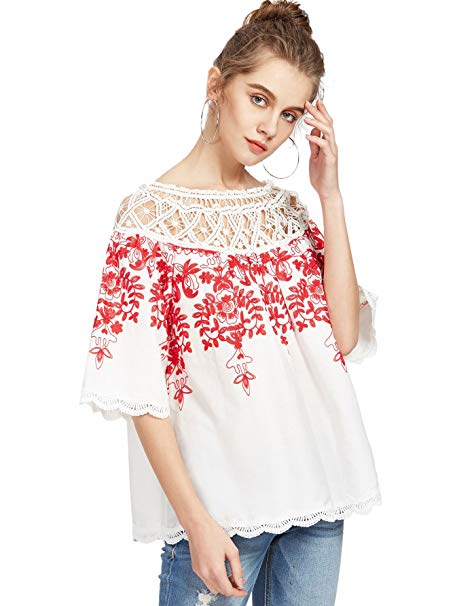 Romwe Women's Cold Shoulder Floral Embroidered Lace Scalloped Hem Blouse Top