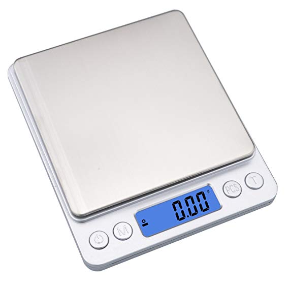 Ewolee Digital Pro Pocket Kitchen Jewelry Scale,500g/0.01g Multifunction Cooking Food Scale with Back-Lit LCD Display Stainless Platform,Silver(2 Batteries& 2 Lids Included)
