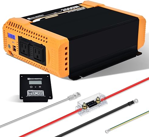 ECO-WORTHY 2000W Pure Sine Wave Inverter 12V DC to 120V AC Converter with Built-in Dual 18W USB Port, 2*AC Outlets, 1*Hardwire Terminals, 1 * 200A Fuse, Remote Controller for Home RV Truck Off-Grid