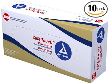 Dynarex Safe-Touch Vinyl Exam Glove Powder Free, X-Large, 100 Count (Pack of 10)