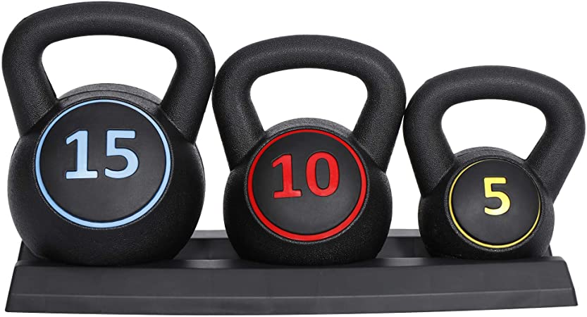 ZENY 3-Piece Kettlebell Set with Storage Rack Exercise Fitness Kettlebell Weights Set Concrete Kettle Bells Weight 5 lbs 10 lbs 15 lbs HDPE Covered Home Gym Workout Equipment