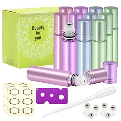 10ml, 12 Pack, Essential Oil Glass Roller Bottles with Stainless Steel Roller Balls by Mavogel - Extra Including 6 Spare Metal Roller Balls, Essential Oil Opener, Droppers, and 18pc Labels