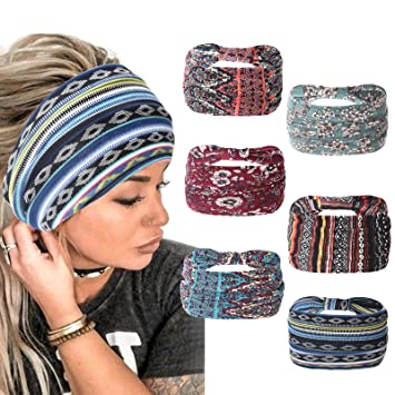 Yeshan Boho Wide Headbands for Women Thick Turban Headbands Large African Headband Sport Yoga Black Stylish Head Wraps,Pack of 6