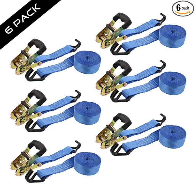 ABN Ratchet Anchor Cargo Tie Down Straps, 1.5” inch x 15’ Foot, 2-Ton Capacity – Heavy Duty J-Hook Ratcheting Kit 6-Pack