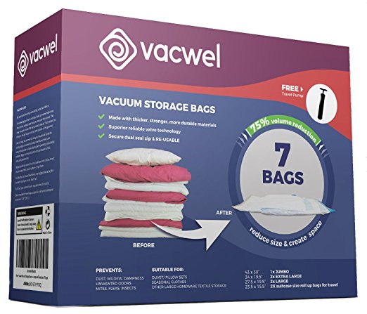 Ziplock Clothes Storage Bags for Travel, Vacuum Space Saver Bags are Medium, Large and Jumbo sizes   2 Roll Compression Bags (Medium) for Packing Suitcases (7 Storage Bags, 1 Pump) By Vacwel