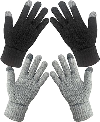 monochef Women's Winter Touch screen Gloves Warm Fleece Lined Knit Touchscreen Fingers Texting Gloves Elastic Cuff Soft Winter Cold Weather Gloves Black Grey 2 Pairs