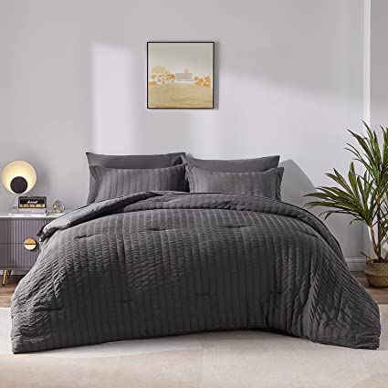 CozyLux Full/Queen Seersucker Comforter Set with Sheets Dark Grey Bed in a Bag 7-Pieces All Season Bedding Sets with Comforter, Pillow Sham, Flat Sheet, Fitted Sheet, Pillowcase