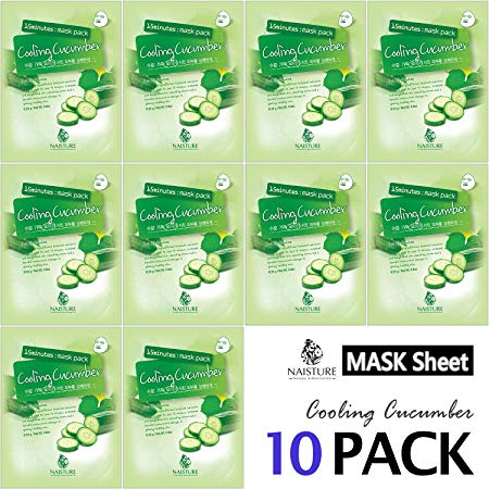 Collagen Facial Sheet Mask Pack (10 Sheets) Face Treatment [NAISTURE] Essence Face Masks - 15 Minute Application For Moisturizing Revitalizing Hydration 0.8 oz, Made in Korea - Cooling Cucumber