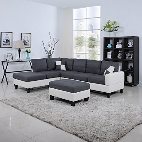 Classic Two Tone Large Linen Fabric and Bonded Leather Living Room Sectional Sofa (White / Dark Grey)