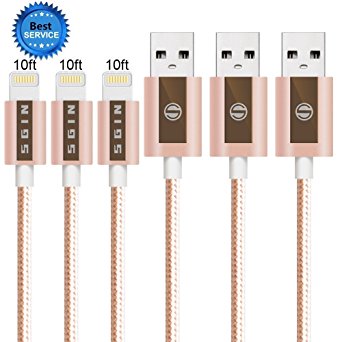 iPhone Cable SGIN 3-PACK 10FT Nylon Braided Lightning to USB Cable - Syncing for Apple iPhone 7, 7 Plus, 6s, 6s , 6, SE, 5s, 5c, 5, iPad, iPod (Rose&Gold)