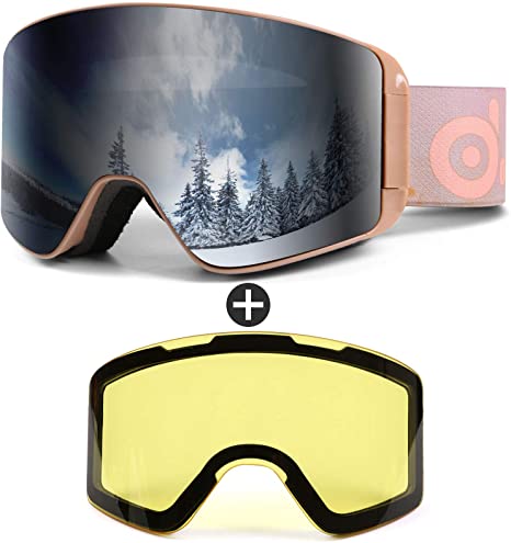 Odoland Ski Goggles Set with Detachable Lens, Frameless Interchangeable Lens, Anti-Fog 100% UV Protection Snow Goggles for Men and Women, Helmet Compatible