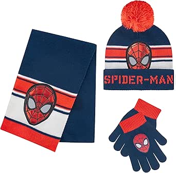 Marvel Spider-Man Kid’s Winter Hat Snow Gloves and Scarf for Boys and Toddlers 3 Pc Set Warm Pom-Pom Beanie with Accessories