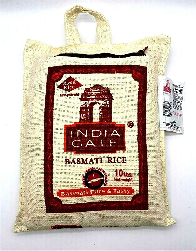 India Gate Aged Basmati Rice Pure & Tasty 10 Lbs in Canvas Bag رز بسماتي بوابة الهند ممتاز