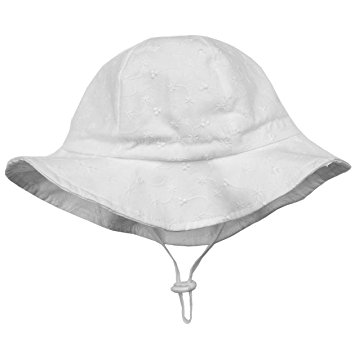Toddler Girls White Cotton Sun Hats 50 UPF, Drawstring Adjustable, Stay-on Tie (M: 6 - 30m, Floppy Hat: Tiny Floret)