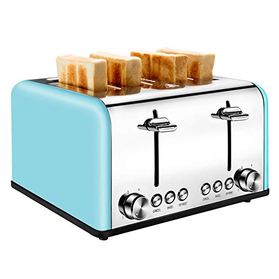 4 Slice Toaster Stainless Steel, CUSIBOX Bagel Toaster Extra-Wide Slots with 6 Bread Browning Settings, BAGEL/DEFROST/CANCEL Function, 1650W, Blue