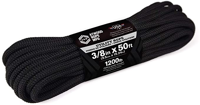 Atwood Rope MFG 3/8” inch 50ft Braided Utility Rope. Black, 50ft Made in USA, Lightweight Strong Versatile Rope for Camping, Survival, DIY, Knot Tying