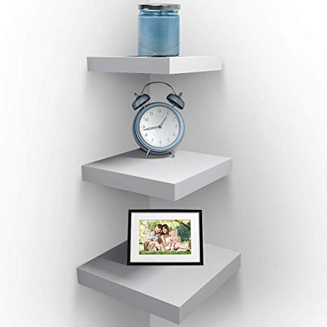 Sorbus Wall Mount Corner Shelves, Square Hanging Wall Shelves Decoration, Perfect Trophy Display, Photo Frames, Home Décor, Set of 3 (White)