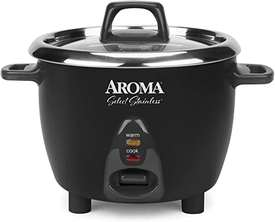 Aroma Housewares Select Stainless Rice Cooker & Warmer with Uncoated Inner Pot, 6-Cup(cooked)/ 1.2Qt, ARC-753SGB, Black