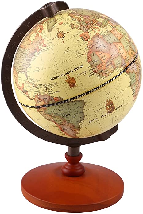 TTKTK Vintage World Globe Antique Decorative Desktop Globe Rotating Earth Geography Globe Wooden Base Educational Globe Wedding Gift with Magnifying Glass