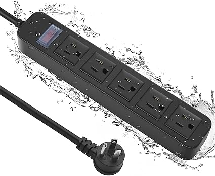 Outdoor Power Strip Waterproof with 5 Outlet, Garden Weatherproof 1700J Surge Protector, Christmas Multiple Outlet Exterior Socket for Lighting Appliances. 10 FT Extension Cord Strip with Flat Plug.