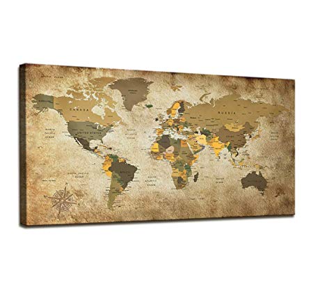 World Map Wall Art for Living Room Vintage Photos World Map Poster Canvas Prints Nautical Map Art Office Wall Art Modern Framed Wall Art Map of The World Canvas Painting Travel Memory Home Decor