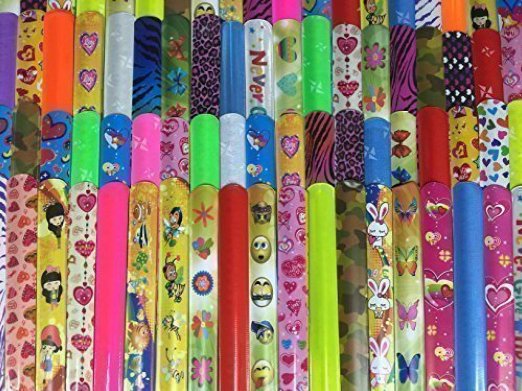 Gingerscoolstuff 35 Slap Bracelets. Kids Boys Girls Party Favors. Animal Prints - Hearts - Solid Colors. Storage Tube Included.
