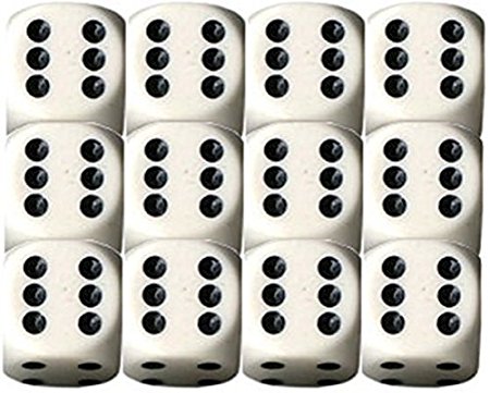 Opaque 16mm d6 White w/Black Dice Block 12 pipped dice