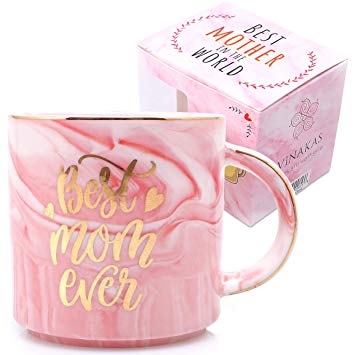 BEST Mom Christmas Gifts- Gift Ready - 12oz Gold and Pink Ceramic Marble Coffee Cup - Perfect as gifts for mom, mother coffee mug, mother birthday present and mom stocking stuffers. Exceptional