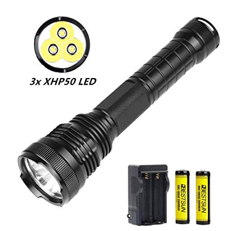 BESTSUN 3x CREE XHP50 LED Flashlight, Super Bright 8000 Lumen Tactical Flashlight 5 Modes Waterproof Handheld Flashlight Torch Lamp for Camping, Hiking, Fishing with Rechargeable Batteries and Charger