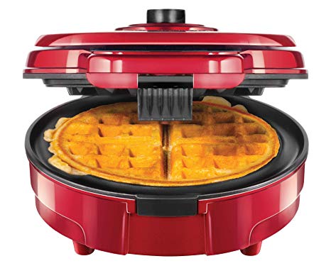 Chefman Anti-Overflow Belgian Maker w/Shade Selector & Mess Free Moat Round Waffle-Iron w/Nonstick Plates & Cool Touch Handle, Measuring Cup Included Red
