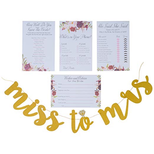Floral Bridal Shower Games pack with Miss to Mrs Banner and Gold Dots | 4 Games including Wedding Advice Cards What's On Your Phone, He Said She Said, How Well Do You Know The Bride,50 Sheets each