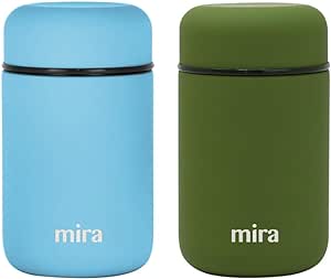 MIRA 2 Pack Insulated Food Jar Thermos for Hot Food & Soup, Compact Stainless Steel Vacuum Lunch Container, 13.5 oz, Pearl Blue, Olive Green