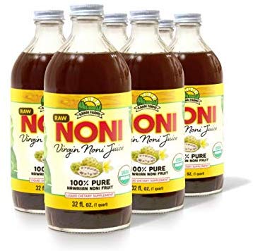 Virgin Noni Juice - RAW (Unpasteurized) 100% Pure Organic Hawaiian Noni Juice - 4 Pack of 32oz Glass Bottles