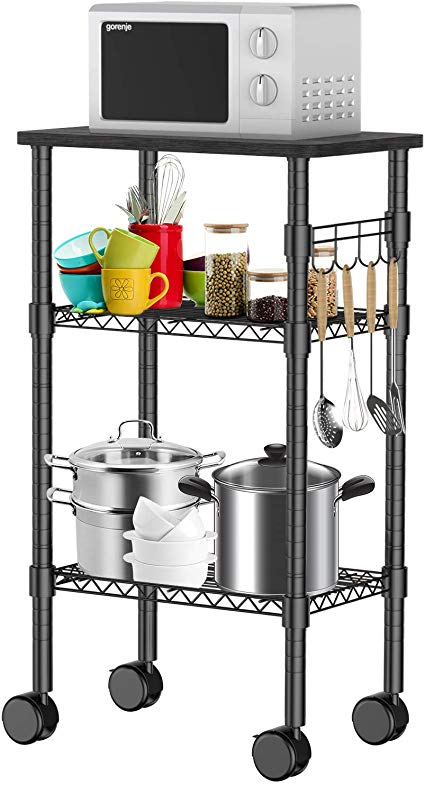 Pipishell 3-Tier Rolling Kitchen Cart, Microwave Oven Stand Cart with Adjustable Mesh Storage Shelves, Lockable Wheels for Kitchen Island, Home, Living Room,Dining Room and Office (Black)