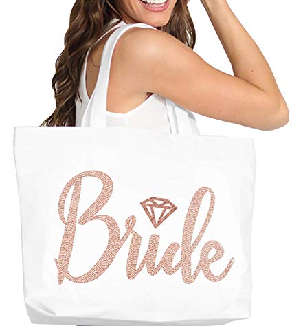 Rose Gold Bride Tote Bag - Giant Brides Tote with Diamond Motif, Bridal Shower Gift & Bridal Accessories - White Tote(DBride RSG) WHT