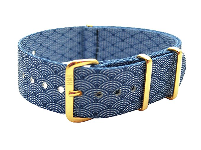 HNS 22mm Double Graphic Printed Indigo Sashiko Waves Blue Nylon Watch Strap Gold Buckle NT128