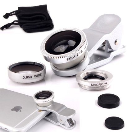 Luxsure Universal 3 in 1 Camera Lens Kit Clip-On 180 Degree Supreme Fisheye  065X Wide Angle 10X Macro Lens for iPhone 6s6s Plus iPhone 66 PlusiPhone 5 5S 4 4S Samsung HTC Android Silver