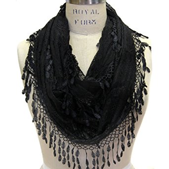 Scarfand's Delicate Lace Infinity Scarf with Teardrop Fringes