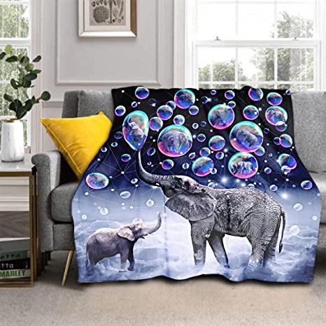 Elephant Blanket Cute African Animals Print Throw Blanket Colorful Dreamy Bubbles Pattern Bed Blanket Cozy Lightweight Flannel Fleece Blankets for Bedroom Living Room Sofa Couch