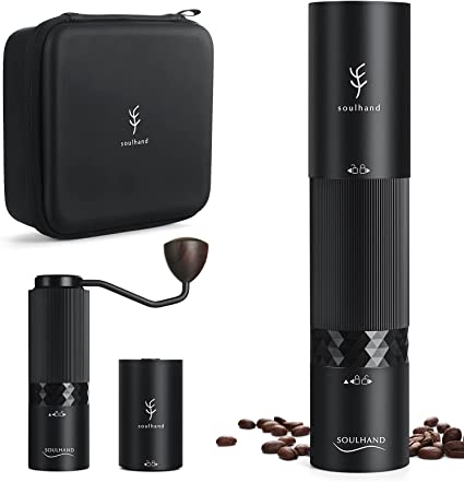 Soulhand Portable Coffee Grinder, 2-IN-1 Replaceable Electric & Manual Coffee Bean Grinder with Internal Adjustable Setting, CNC Titanium Conical Burr for Espresso French Press Pour-Over and More!
