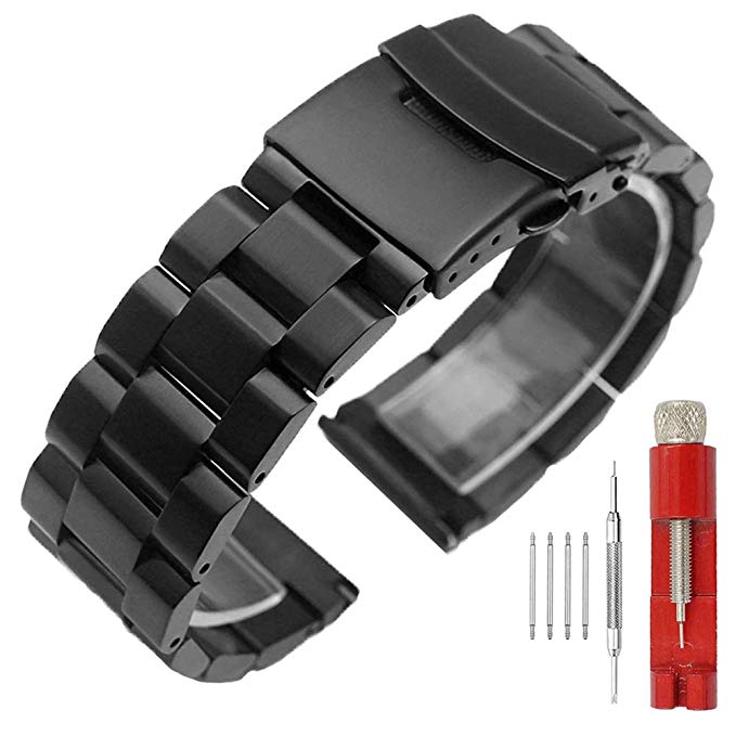Brush Matte Finish Metal Watch Band Stainless Steel Bracelet Straps 18mm/20mm/22mm/24mm Double Buckle Black or Silver