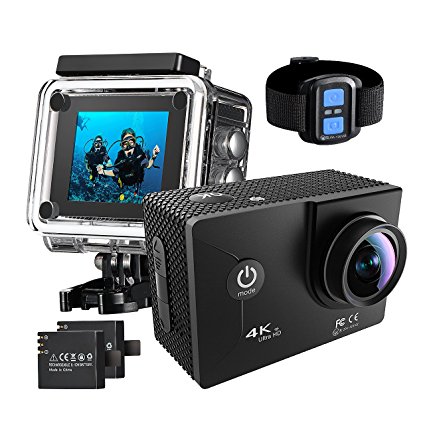 Pictek 4K HD Wifi Action Camera, 30m Waterproof Wireless Remote Control Sports Camera with 170° Ultra Wide-Angle Len and 2 Rechargeable Batteries, for Bicycle, Skiing, Diving and Swimming