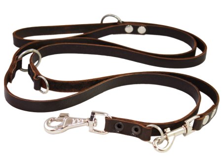 Brown 6 Way European Multifunctional Leather Dog Leash, Adjustable Schutzhund Lead 49"-94" Long, 3/4" Wide (18 mm)