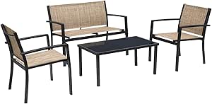 Greesum 4 Pieces Patio Furniture Set Outdoor Conversation Textilene Fabric Chairs for Lawn, Garden, Balcony, Poolside with A Glass Coffee Table, Beige