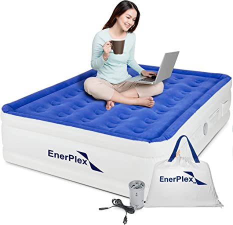 EnerPlex Queen Air Mattress with Pump - Double Height, Portable, Inflatable Blow Up Mattress with Detachable Electric Pump for Camping & Home - Easy to Inflate Air Bed w/ Deflation Outlet - Blue