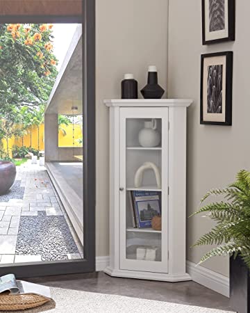 Kings Brand Furniture - Corner Curio Storage Cabinet with Glass Door, White Finish