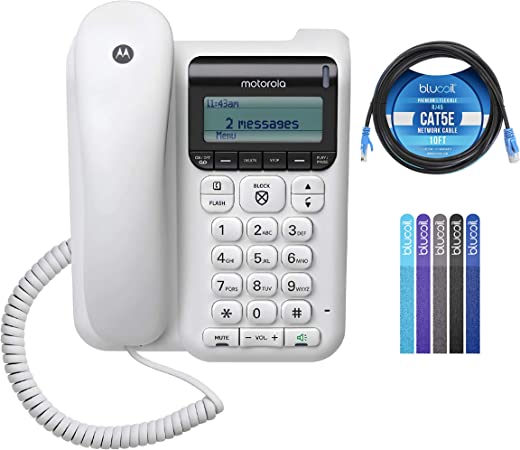 Motorola CT610 Corded Telephone with Answering Machine & Call Blocking Bundle with 10-FT 1 Gbps Cat5e Cable, and Blucoil 5-Pack of Reusable Cable Ties