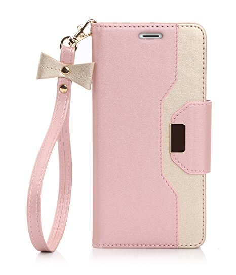 Galaxy S7 Edge Case, FYY Premium PU Leather Wallet Case with Cosmetic Mirror and Bow-knot Strap for Samsung Galaxy S7 Edge Pink & Gold