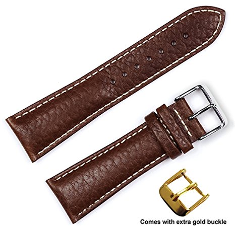 deBeer brand Sport Leather Watch Band (Silver & Gold Buckle) - Brown 19mm (Long Length)