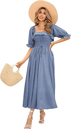 R.Vivimos Women Summer Half Sleeve Cotton Ruffled Vintage Elegant Backless A Line Flowy Long Dresses